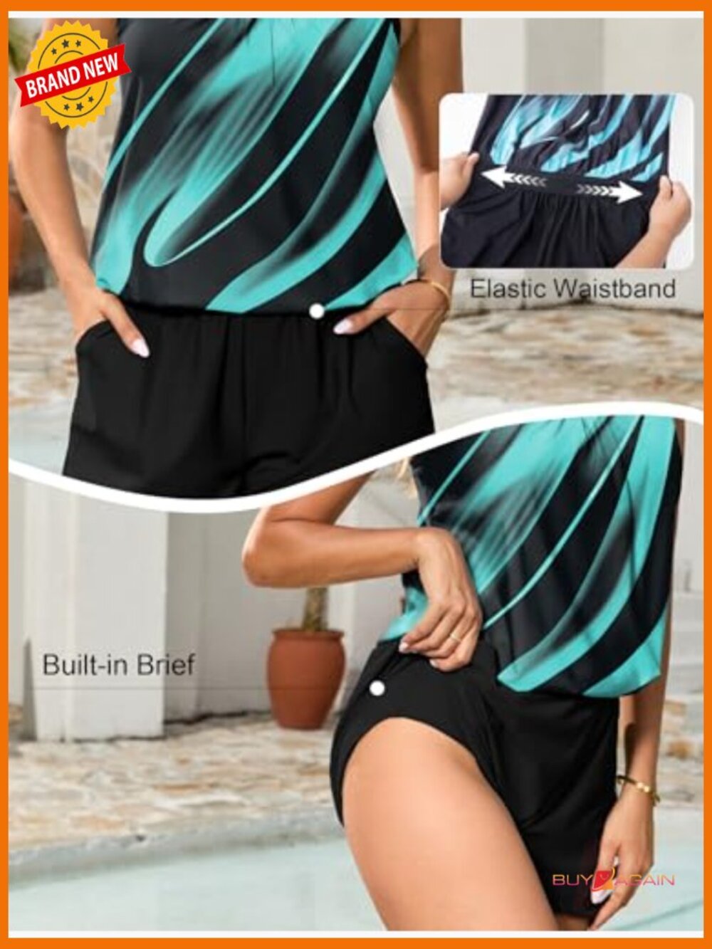 Plus Size Women's One Piece Swim Romper with Pockets Modest Bathing Suit S-24W - Picture 2 of 7